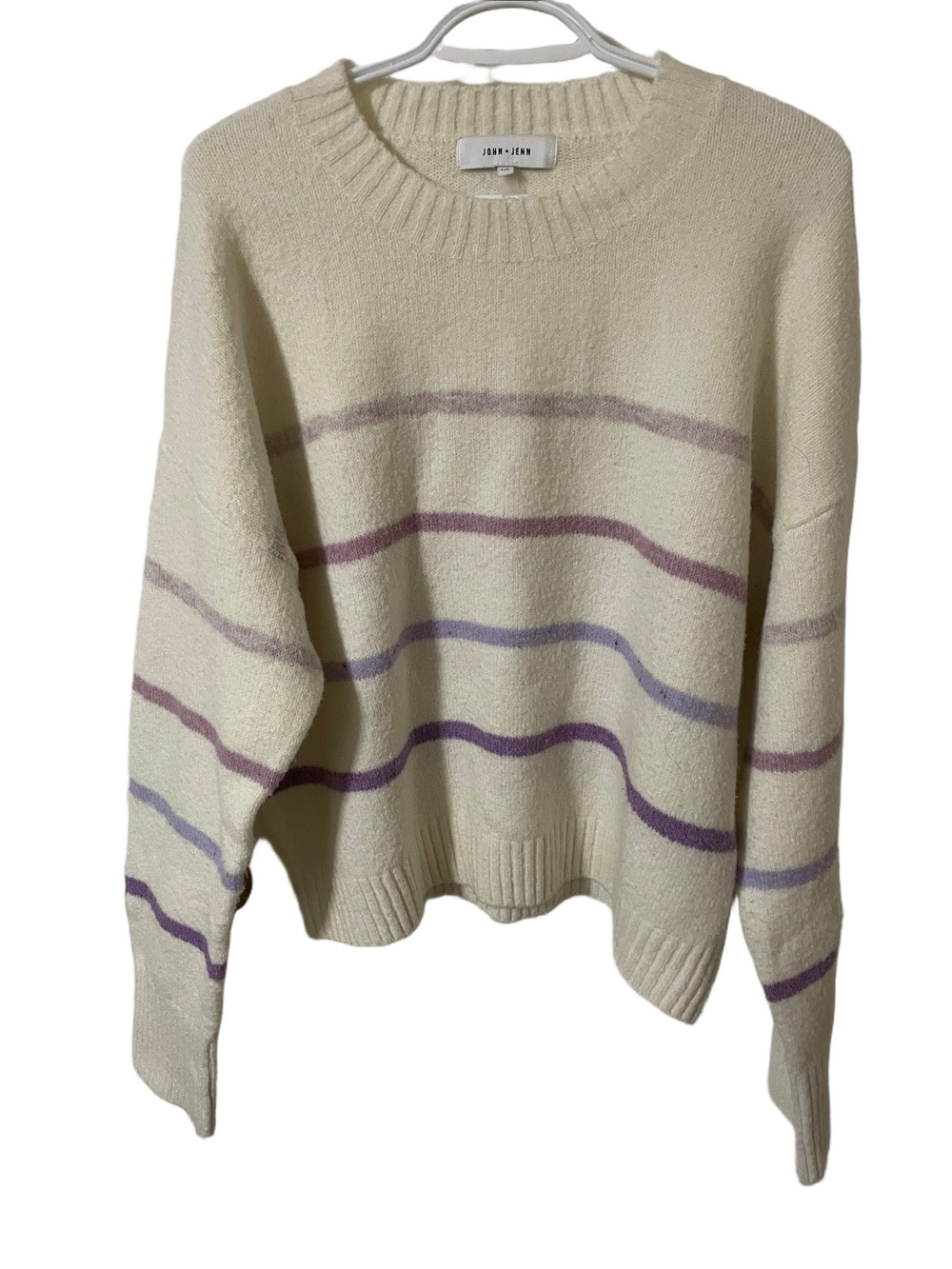 John + Jenn Cream Crewneck Sweater with Purple & Lavender Stripes Size Large